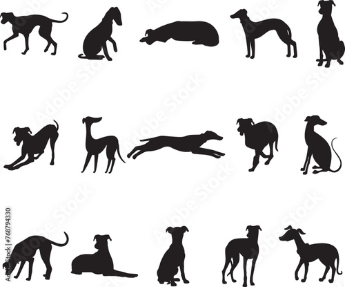 Vector illustration of multiple dog silhouettes in various poses against a white background
