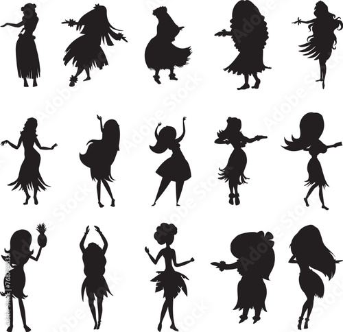 Vector illustration of a group of women dancing in silhouette against a white background