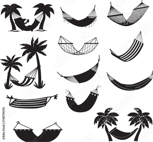 Vector illustration of a number of black hammocks hung between palm trees against a white background