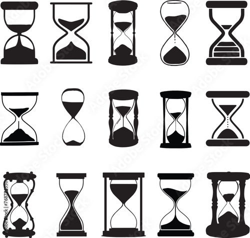 Vector illustration of multiple hourglasses of various sizes and shapes against a white background