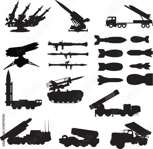 Vector illustration of an array of military objects silhouetted on a white background
