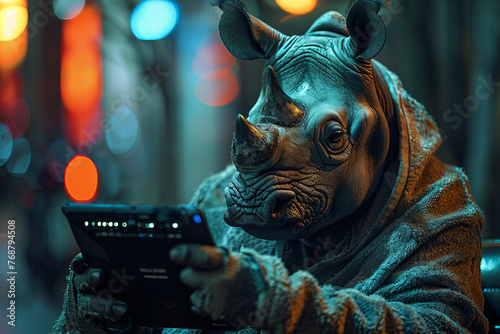 Captivating Urban Rhino Engrossed in Futuristic Device at Night - Banner