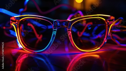 The Sunglasses is formed by colorful Light. In the background in black color. Stylish in the style of light painting with copy space. © Suwanlee
