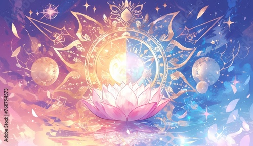 yin yang chakra, lotus flower with rainbow aura in the middle of sun and moon, sacred geometry background #768794573