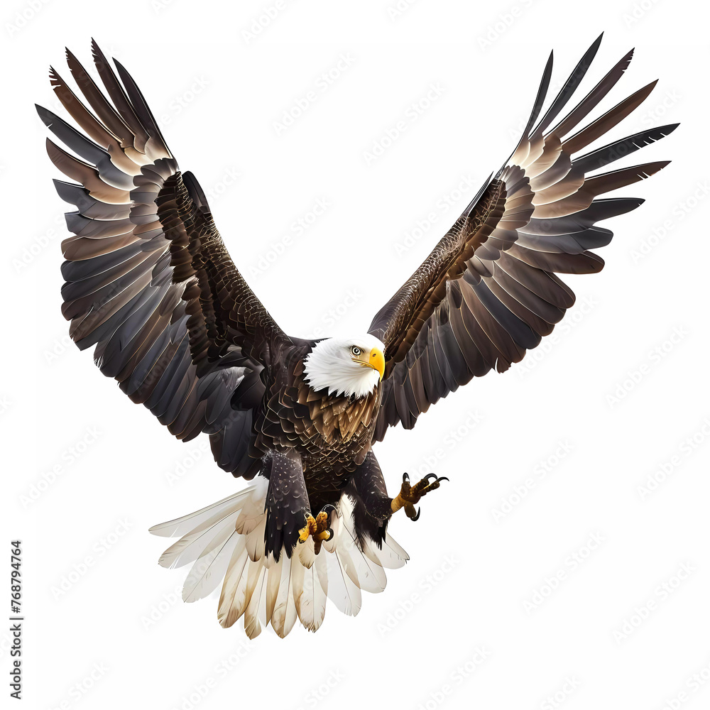 Fototapeta premium Bald eagle is landing on white background. Generative ai design art concept.