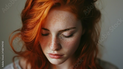 Cheerful freckled young woman. Close up of upper face. Cropped shot of teenage girl with dry spotted facial skin. Skincare, natural beauty, eye care, vision concept