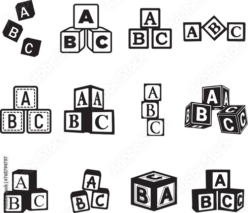 Vector illustration of a set of alphabet blocks silhouetted against a white background