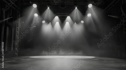 website background, bodybuilding competition stage with spotlights. minimalism, grayscale.