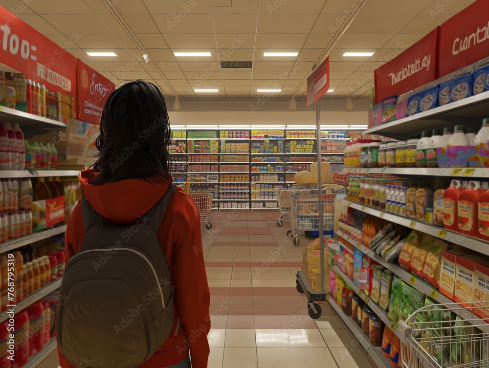 A woman is walking through a grocery store with a backpack on. The store is well-stocked with a variety of items, including beverages, snacks, and other groceries. The atmosphere is casual and relaxed
