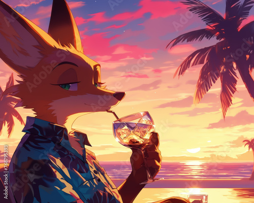 A cunning fox enjoying a drink, as the sun dips low, his shades mirroring the silhouette of swaying palms, viewed from beneath.