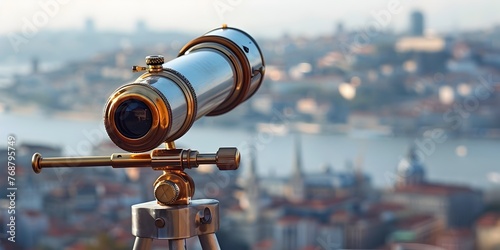 Telescope Overlooking Panoramic Urban Cityscape with Skyscrapers and Architectural Elements on White Background