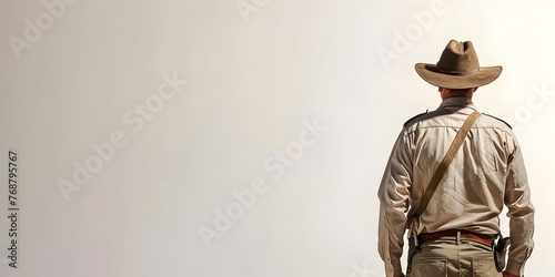 National Park Ranger Standing in Uniform on White Background with Copy Space