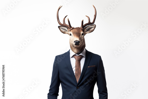 A man wears a suit with a deer's head on white background.