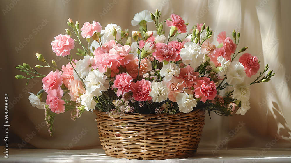 Soft Light Cascading on Elegant Carnations in Basket, Generative AI