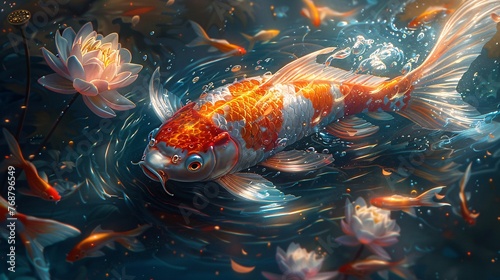 Generate fluid images featuring goldfish, Chinese costumes, koi fish, lotus, surrealism, hyper-detailed elements, and dreamy colors