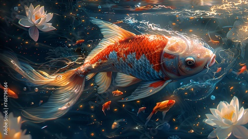 Generate fluid images featuring goldfish, Chinese costumes, koi fish, lotus, surrealism, hyper-detailed elements, and dreamy colors © growth.ai