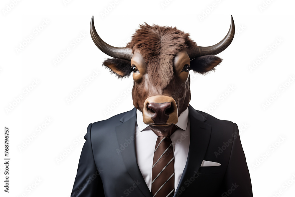 A man wears a suit with a buffalo head on white background. A man wears a suit with a buffalo head on white background.