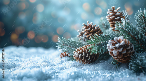 Christmas blue background with snow with copy space text.