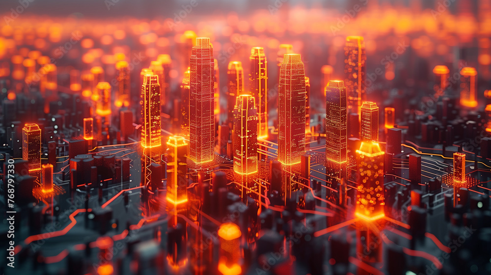 A conceptual visualization of a smart city with glowing structures on a digital circuit board, symbolizing urban technology integration concept.