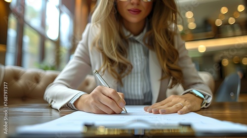Busineswoman using pen signing, writting in office