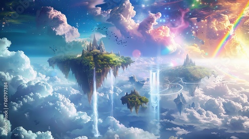 Surreal fantasy landscape with vibrant floating islands, cascading waterfalls, and a colorful rainbow among celestial clouds. Fantasy Floating Islands with Waterfalls and Rainbow

