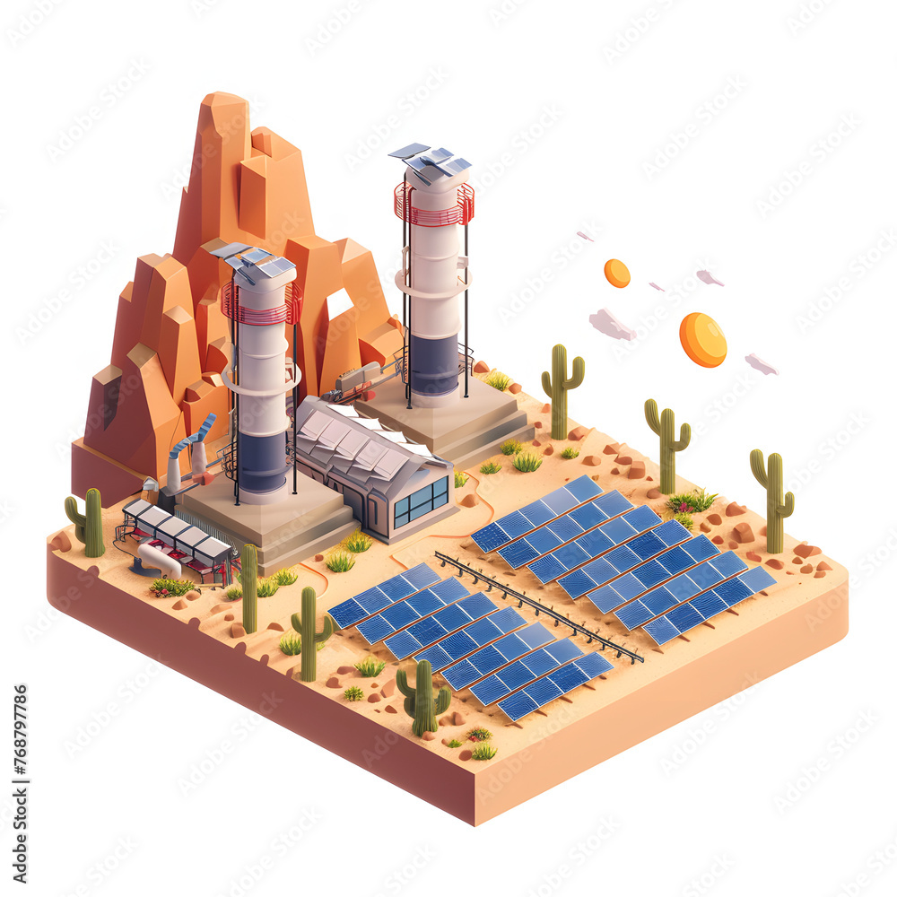 Solar thermal power plant in a desert isolated on white background ...