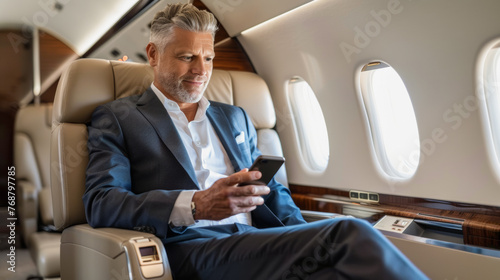 Senior business man traveling with private jet while using mobile phone - Luxury and success concept - Model by AI generative