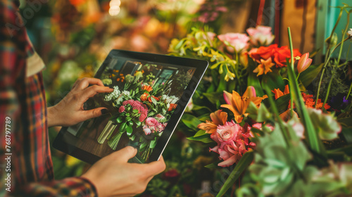Woman using modern technology to design a flower bouquet - Person working inside flower store using digital tablet - Model by AI generative