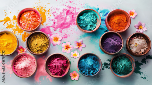 colorful powder in bowl, festive, Holi Powder Colors in Bowls on a White Background, 