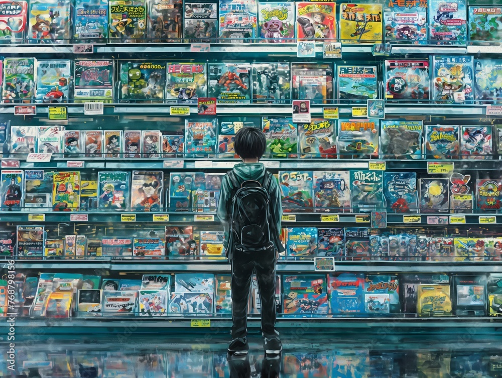 A boy stands in front of a shelf of books, looking at them. Concept of curiosity and wonder as the boy explores the vast selection of books
