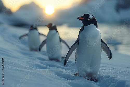 Elegant Penguins Marching Under Gleaming Sunset in Snowy Landscape Banner © Алинка Пад