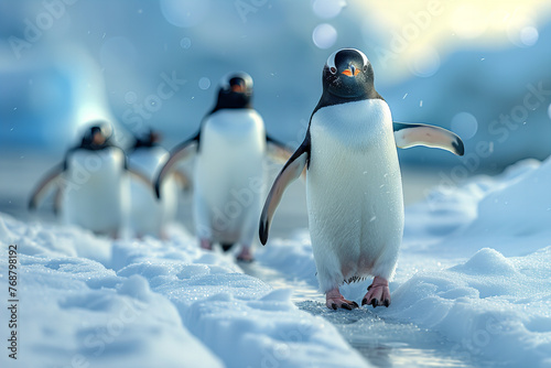 March of the Adorable Penguins on a Sparkling Snowy Day Banner photo