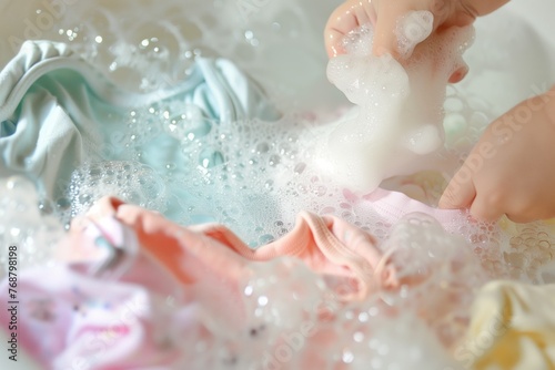 baby apparel being stirred in a crystalclear soap bath photo