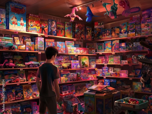 A boy stands in front of a toy store with a large selection of toys. The store is brightly lit and the toys are arranged on shelves. The boy appears to be looking at the toys with interest