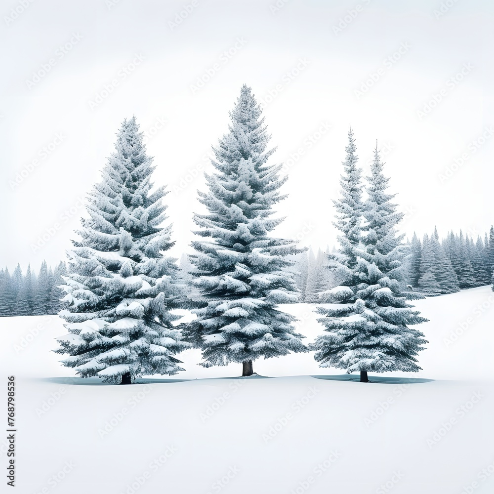 Snow-covered pine trees standing silent in a serene winter landscape.