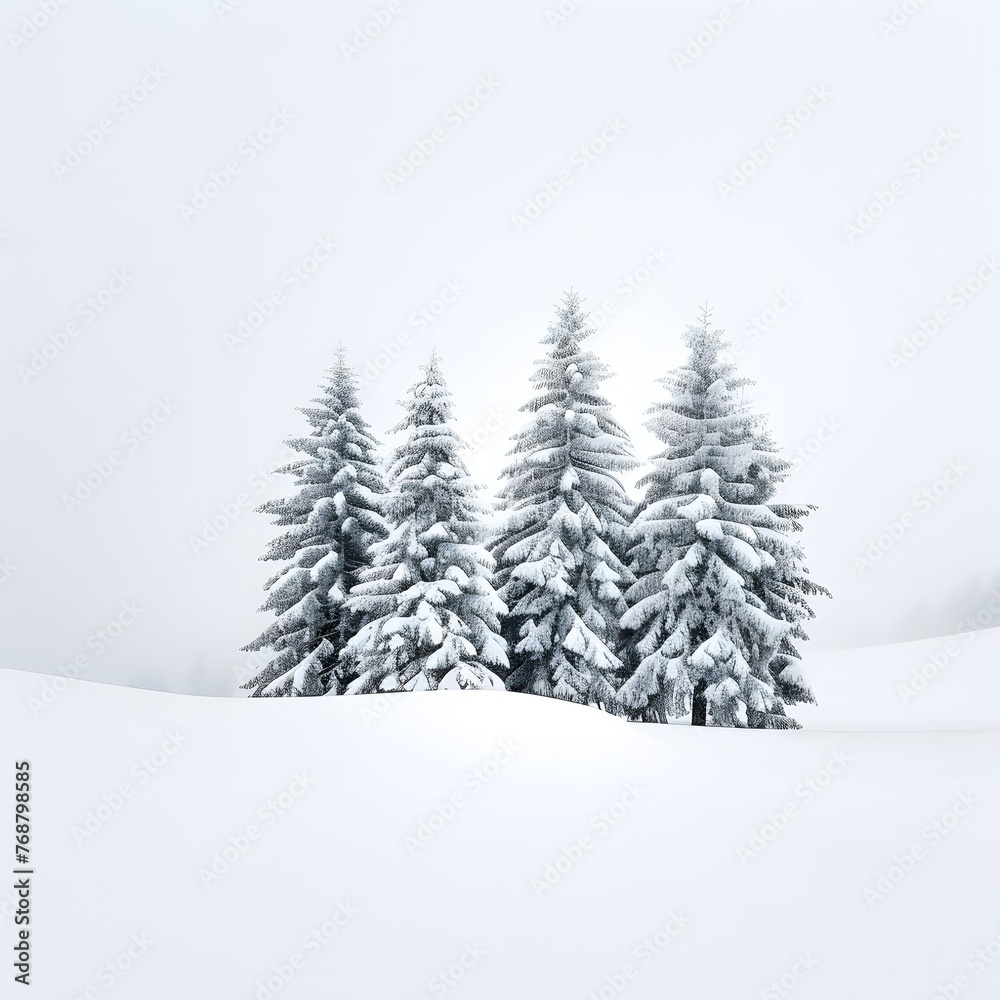 Naklejka premium Snow-covered pine trees standing silent in a serene winter landscape.