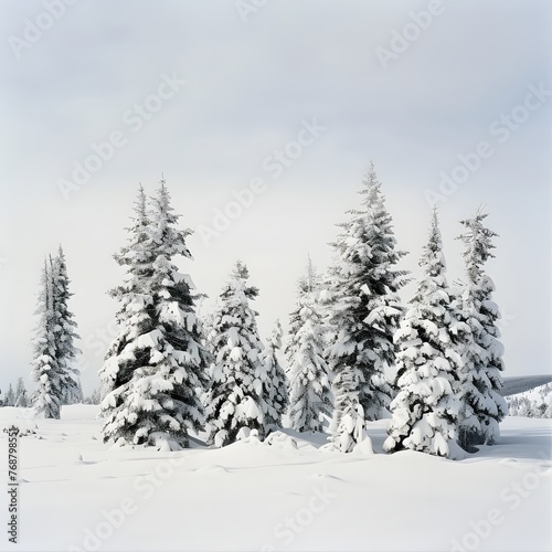 Snow-covered pine trees standing silent in a serene winter landscape.
