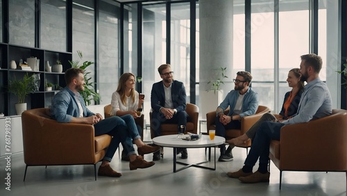 Pause for relax at work. Happy work team during break time in light modern office, talking, having drinks, smiling, all dressed in casual outfits