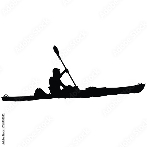 Silhouette of kayaker on white background.