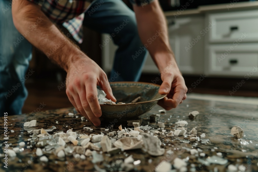 man picking up pieces of a shattered bowl man picking up pieces of a shattered bowl