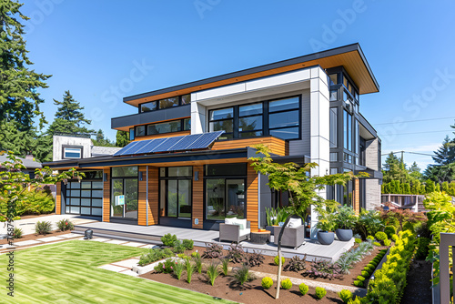 Modern house, solar panels on the roof of the house, impeccable landscape design, comfort