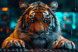 Intense Cybernetic Tiger Stalking Prey Amongst Neon City Rain - Banner