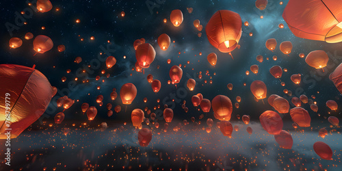  Flying lanterns in the night sky during the diwali festival , yee peng or midautumn day in china concept,Flying lanterns in the night sky during the diwali festival . photo