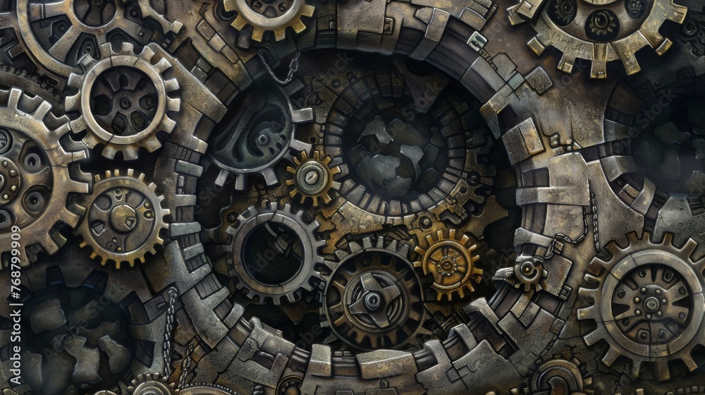 A detailed depiction of interlocked gears and cogs, illustrating the intricate beauty and functionality of mechanical systems.