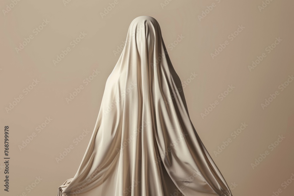 A muslim woman covered by a hijab is wearing formal wear, standing in front of a white wall. The hijab covers her hair, neck, and sleeves, adding a fashion accessory to her outfit
