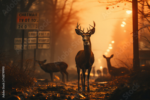 Majestic Deer in Misty Woods at Sunset - Enchanting Wildlife Banner © Алинка Пад