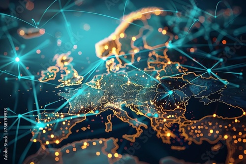 Abstract Digital Map of Europe, Global Network Connectivity and High-Speed Data Transfer Concept