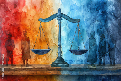 An illustration of a scale balancing equally between different identities and backgrounds, symbolizing justice and impartiality. photo