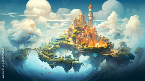 Fantasy landscape with castle in the clouds. 3D illustration. © Victoria Sharratt
