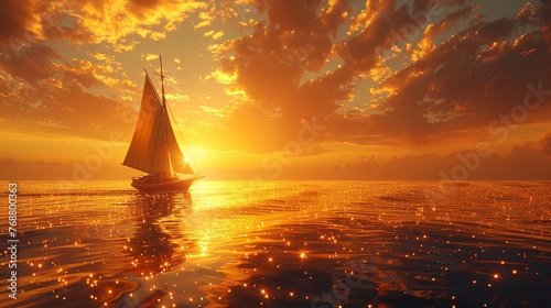 Golden hour sunset, old-style yacht side profile on horizon, sparkling sea, sun haze, in hyperrealistic